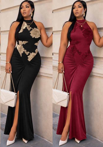 Women's Elegant Embroidery Halter Neck Sleeveless Slit Dress