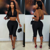 Women's Halter Neck Strapless Ruched Top and Capri Pant Two Piece Set
