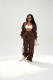 Women's Casual Autumn Winter Irregular Lace-Up Fleece Lined Top and Pant Two Piece Set