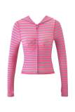 Women's Casual Striped Print Zipper Hooded Top and Pant Two Piece Set