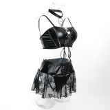 Women's Pu Leather Tie Sexy See-Through Mesh Patchwork Lingerie Three-Piece Set