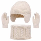 Autumn Winter Earflap Kids Hat Neck Warmer Glove Three-Piece Set