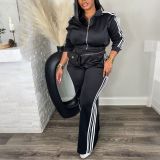 Women’s Streetwear Striped Long Sleeve Zip-Up Jacket and Wide Leg Pants Two-Piece Tracksuit