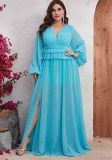Plus Size Women's Summer Chiffon V Neck Long Sleeve Dress