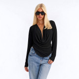 Fall Women’s Solid Color Sexy Deep V Neck Cowl Neck Long Sleeve Slim Fit Top