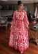 Fall Elegant Red Women’s Printed Long Sleeve Slim Waist A-Line Dress