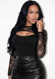 Women’s Sexy Round Neck See-Through Lace Hollow Out Long Sleeve Slim Fit T-Shirt