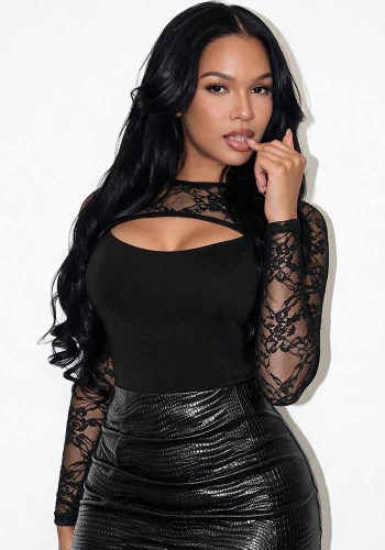 Women’s Sexy Round Neck See-Through Lace Hollow Out Long Sleeve Slim Fit T-Shirt