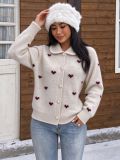Women's Turndown Collar Heart Print Jacquard Knit Color Block Pearl Button Sweater