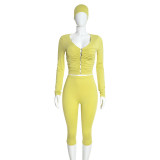 Women’s Ruched V Neck Button-Up Long Sleeve Top Slim Fit Pants and Headscarf Set