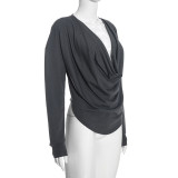 Fall Women’s Solid Color Sexy Deep V Neck Cowl Neck Long Sleeve Slim Fit Top
