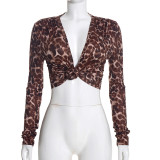 Fall Women’s Fashion Leopard Print Knot Detail Long Sleeve Open Waist Top