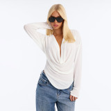Fall Women’s Solid Color Sexy Deep V Neck Cowl Neck Long Sleeve Slim Fit Top