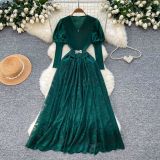Women’s V Neck Puff Sleeve Lace Slim Waist Elegant Chic Midi Dress