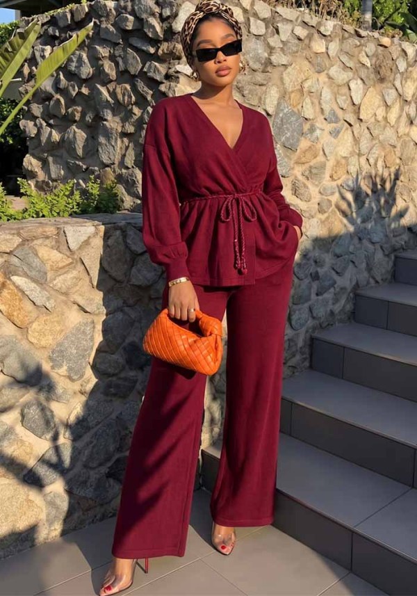 Fall Women’s V Neck Tie Front Knit Cardigan and High Waist Wide Leg Pants Two-Piece Set