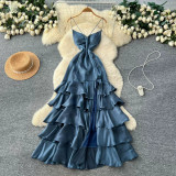 Fall Women’s Purple V Neck Strap Dress Cascading Ruffles Slim Waist Slim Fit Holiday Maxi Dress