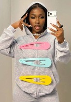Women’s American Streetwear 3D Hair Clip Decorated Gray Hooded Zip-Up Sweatshirt Women’s American Streetwear 3D Hair Clip Decorated Gray Hooded Zip-Up Sweatshirt