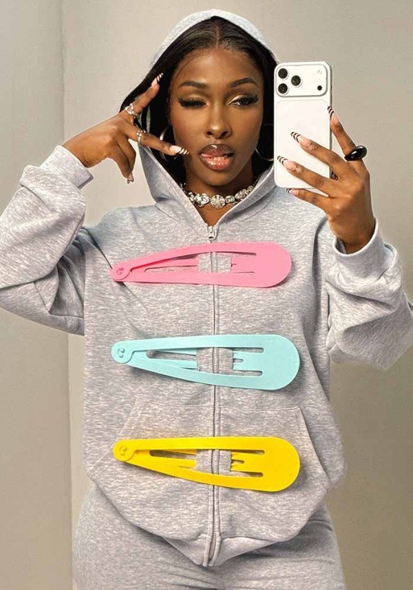 Women’s American Streetwear 3D Hair Clip Decorated Gray Hooded Zip-Up Sweatshirt