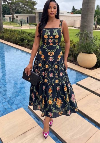 Fall Women’s Printed Halter Neck Strap Dress with High Waist A-Line Midi Dress for Holidays