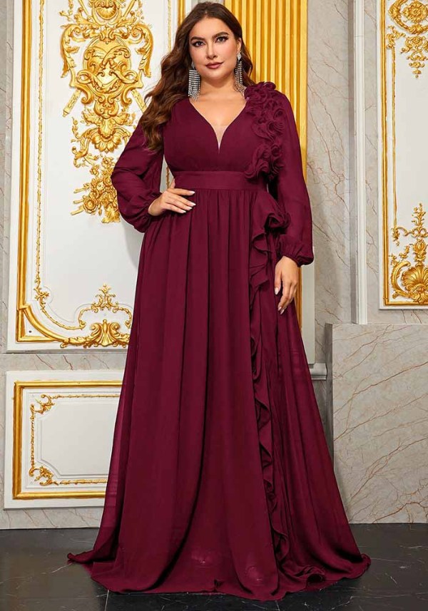 Plus Size Women's Ruffle Lantern Sleeve V Neck Chiffon Elegant Evening Dress