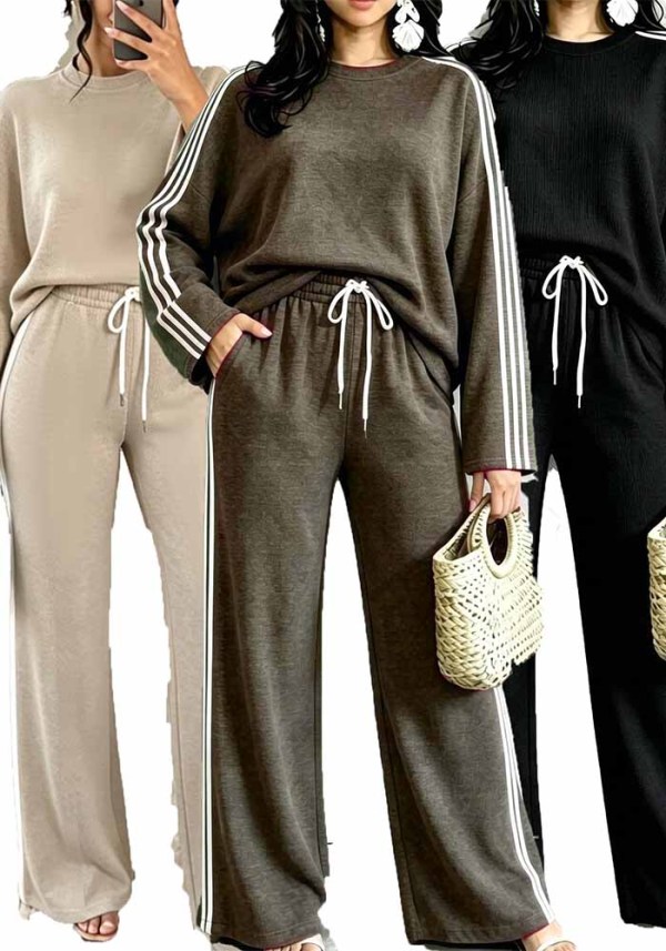 Women’s Loose Fit Patchwork Striped Round Neck Long Sleeve Top and Wide Leg Pants Two-Piece Set