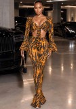 Women’s Printed Lace-Up Open Waist Long Sleeve Top Bell Bottom Pants Set