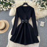 Fall Women’s V Neck Bow Slim Waist Chic A-Line Knit Dress