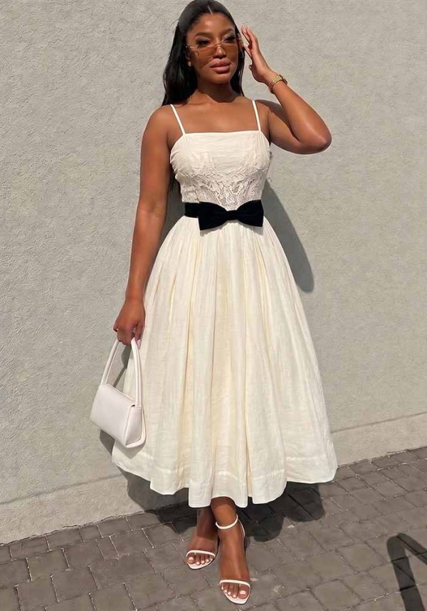 Women’s Sleeveless Strap Dress with Bow Detail Slim Waist A-Line Formal Maxi Dress for Holidays