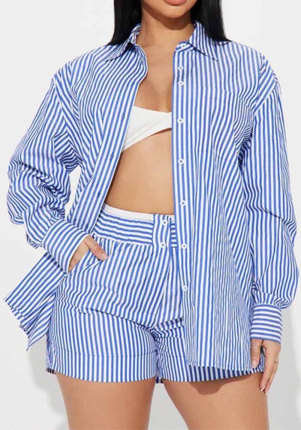 Women's Spring Turndown Collar Striped Long Sleeve Button Top and Short Two Piece Set