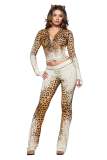Women's Casual Letter Print Leopard Zipper Hooded Top and Long Pant Two Piece Set