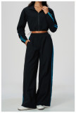 Women's Color Block Casual Stand Collar Top and Wide Leg Pant Two Piece Set
