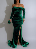 Women's Sexy Solid Color Off Shoulder Long Sleeve Slit Velvet Party Dress
