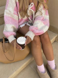 Women's Autumn Winter Lantern Sleeve Casual American Wide Stripe V Neck Tie Sweater
