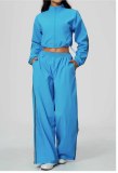 Women's Color Block Casual Stand Collar Top and Wide Leg Pant Two Piece Set