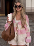 Women's Autumn Winter Lantern Sleeve Casual American Wide Stripe V Neck Tie Sweater