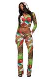 Women's Printed Zipper Hooded Top and Long Pant Two Piece Set