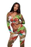 Women's Printed Zipper Hooded Top and Long Pant Two Piece Set