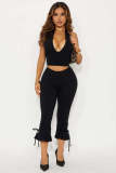 Women's Solid Halter Neck Tie V Neck Top and Capri Pant Two Piece Set