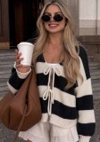 Women's Autumn Winter Lantern Sleeve Casual American Wide Stripe V Neck Tie Sweater