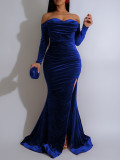 Women's Sexy Solid Color Off Shoulder Long Sleeve Slit Velvet Party Dress