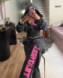 Women's Autumn Winter Beaded Zipper Hoodie Jacket and Long Pant Two Piece Set