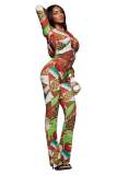 Women's Printed Zipper Hooded Top and Long Pant Two Piece Set