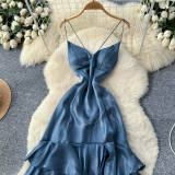 Fall Women’s Purple V Neck Strap Dress Cascading Ruffles Slim Waist Slim Fit Holiday Maxi Dress