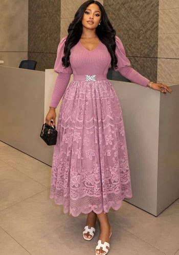 Women’s V Neck Puff Sleeve Lace Slim Waist Elegant Chic Midi Dress
