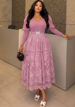 Women’s V Neck Puff Sleeve Lace Slim Waist Elegant Chic Midi Dress Women’s V Neck Puff Sleeve Lace Slim Waist Elegant Chic Midi Dress