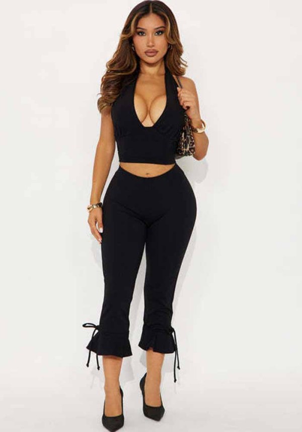 Women's Solid Halter Neck Tie V Neck Top and Capri Pant Two Piece Set