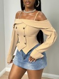 Fall Women’s Off Shoulder Strap Double Breasted Asymmetrical Long Sleeve Shirt Jacket