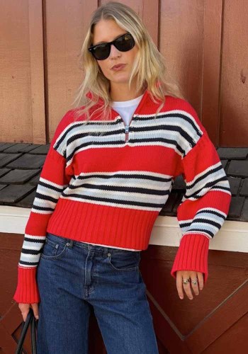 Women's Knit Zipper Turndown Collar Casual Sweater