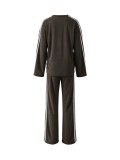 Women’s Loose Fit Patchwork Striped Round Neck Long Sleeve Top and Wide Leg Pants Two-Piece Set