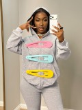 Women’s American Streetwear 3D Hair Clip Decorated Gray Hooded Zip-Up Sweatshirt